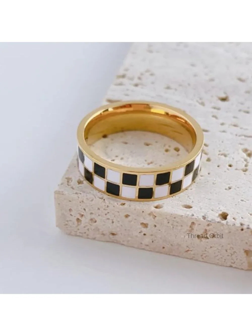Checkerboard Band Ring 6mm Chunky Minimalist Stainless Steel Gold Plated